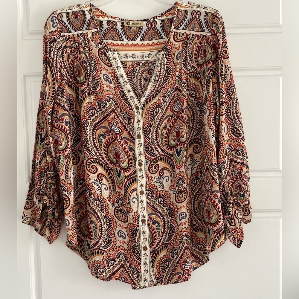 Democracy Paisley Hippie Boho Blouse Tunic Top Ruched Sleeve Festival Sz Small